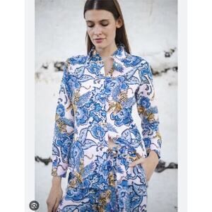 Las Surenas Floral Flying Tiger Linen Cotton Button Up Shirt Artsy Womens Small